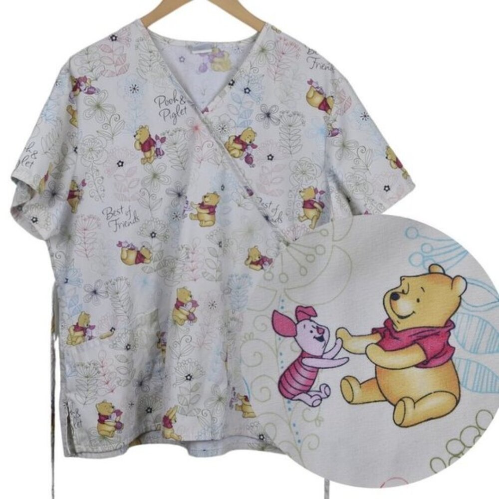 Disney Scrub Top Winnie the Pooh  Bear Piglet Medical Cream Size XL